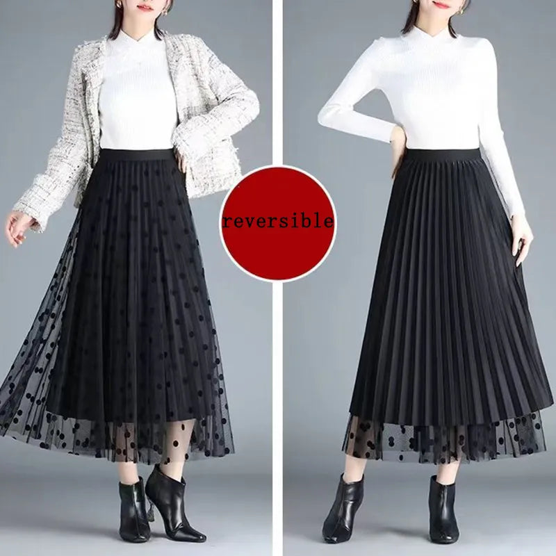 Mid-length All-match High-waist Slimming Flocking Floral Mesh Long Gauze Skirts