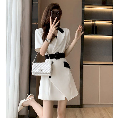 Summer Fashion Short Sleeve Blazer Dresses Women 2023 New French Suit Dress Womens Niche Design Mini Skirts Splicing Belt Dress