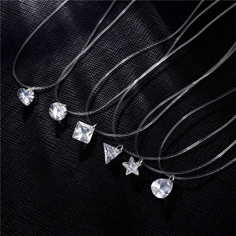 Invisible Transparent Fishing Line Choker Necklace For Women with Rhinestone Pendant - Zircon Transparent Chain Birthday Gift Image