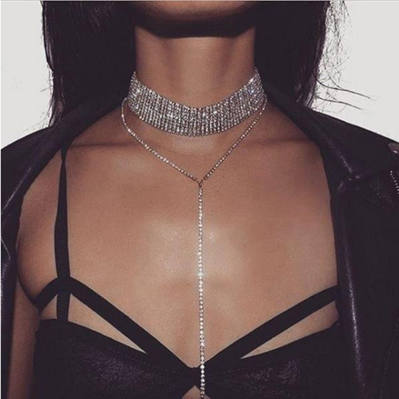 Bundle Neck Full Rhinestone Choker Luxury Crystal Gem Necklace Glitter Collar Fashion Long Chain Jewelry Salon For Party