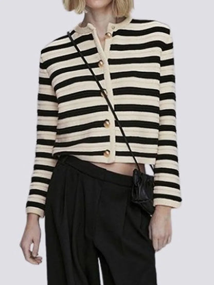 Chic Office Ladies Cardigan Casual Striped O-Neck Outerwear with Long Sleeves and Single-Breasted Design, Perfect for Autumn and Winter Fashion Knitted Sweater