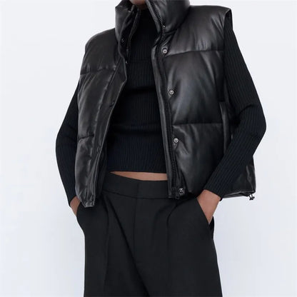 Fashion Streetwear Women Puffy Vest, Winter Thick Parkas Jacket, Black PU Female Coats, Faux Leather Down Waistcoat, Loose Lady Vest, Streetwear Fashion, Winter Outerwear