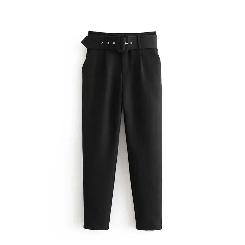 2005 New Spring Fall Solid Color High-waisted Straight Career Commuter  Pants Women's, Multi-color Casual Female Pants with Belt