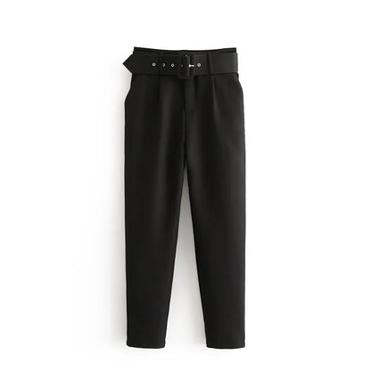 2005 New Spring Fall Solid Color High-waisted Straight Career Commuter  Pants Women's, Multi-color Casual Female Pants with Belt