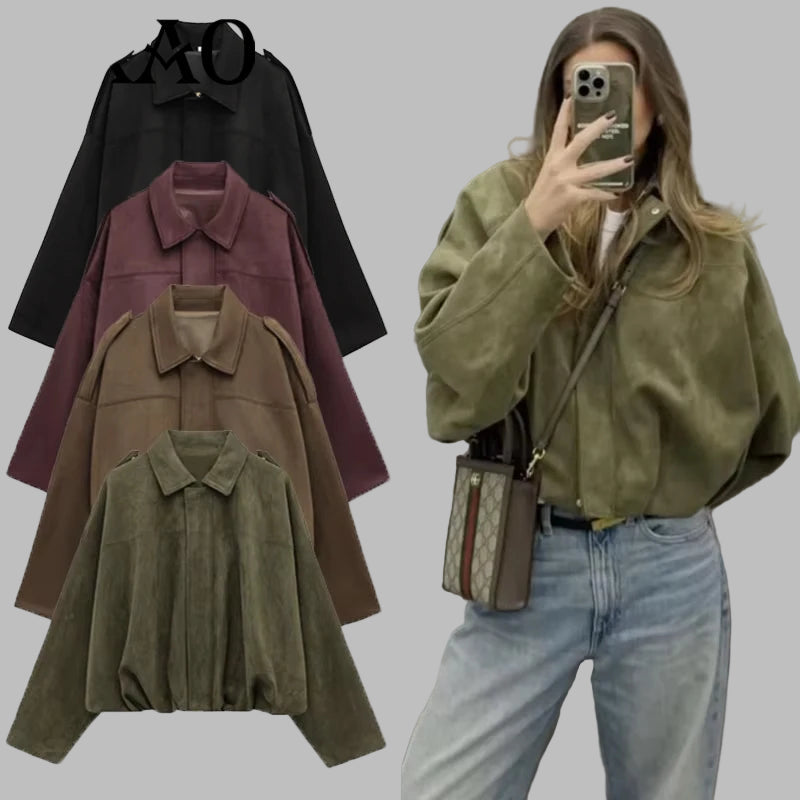 Women's Bomber Jacket Lapel Long Sleeve Zipper Suede Jacket Women 2025 High Street Cropped Racing Jackets Coats Outerwears