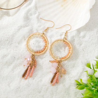 Beaded Round Drop Earrings for Women Crystal Mixed Round Circle Earrings Hollow Cutout Dangle Earrings