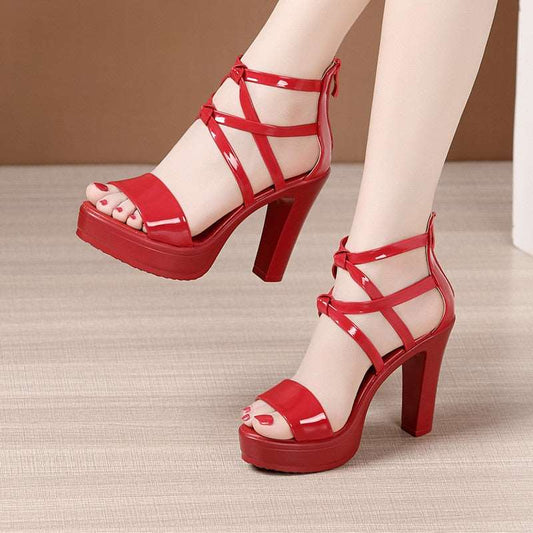 Big Size 34-43 Block Heel Platform Sandals Women's Wedding Shoes 2022 Summer High Heels Gladiator Sandals Patent Leather Media 1 of 10