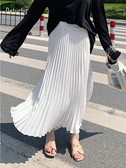 Womens Fashion Pleated Midi Long Skirt Female Korean Japanese Casual High Waist Skirts Jupe Faldas 10 Colors 2023 Spring SK295