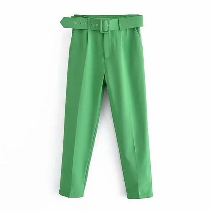 2005 New Spring Fall Solid Color High-waisted Straight Career Commuter  Pants Women's, Multi-color Casual Female Pants with Belt