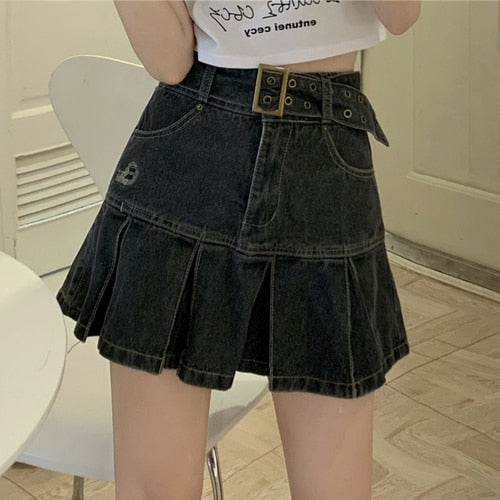 Hot Girl KawaiiY2K Summer Gothic Mini Skirt, New Pleated Casual High Waist Slim Denim Skirt, Hot Streetwear Women's Short Skirt