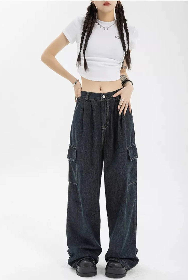 Autumn Women Harajuku Cargo Baggy Blue Jeans Streetwear Hip Hop Oversize Casual Wide Leg Vintage Demin Pants Y2k Loose Trousers