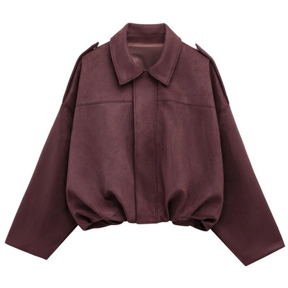 Women's Bomber Jacket Lapel Long Sleeve Zipper Suede Jacket Women 2025 High Street Cropped Racing Jackets Coats Outerwears