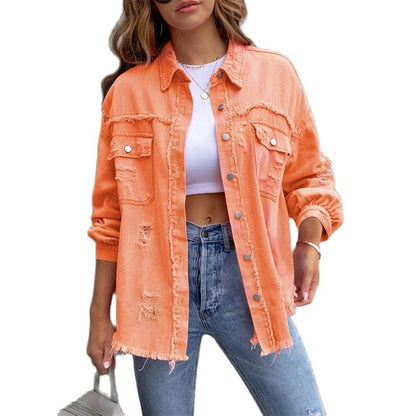 Holes Raw-edges Denim Jacket Women Spring Autumn Shirt Style Jeancoat Casual Top Rose-Red Orange Purple Outerwear Lady Coat