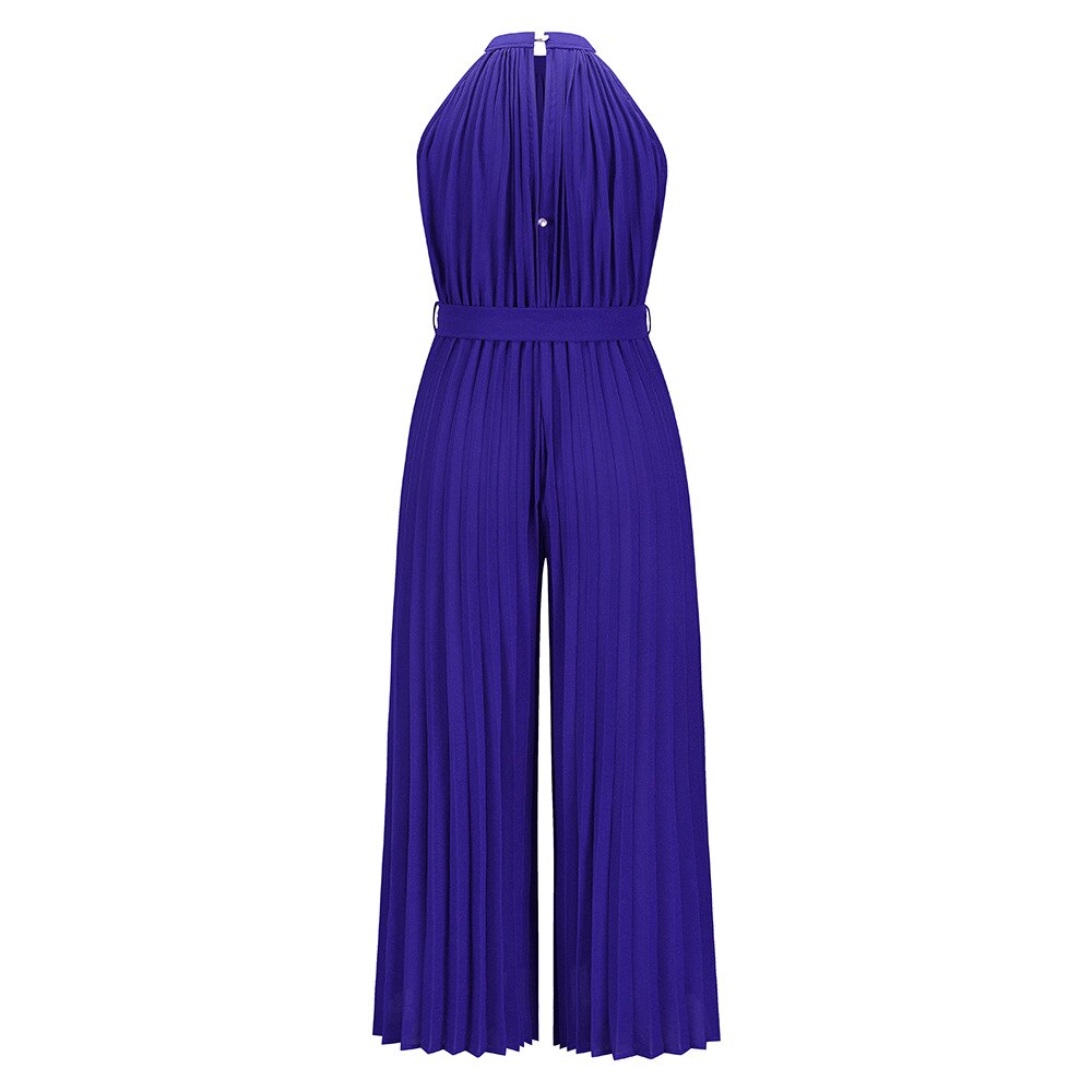 Solid Color Pleated Ruched Party Jumpsuit Women Elegant Halter Summer Autumn Sleeveless Office Playsuit  Wide Leg Pants Rompers