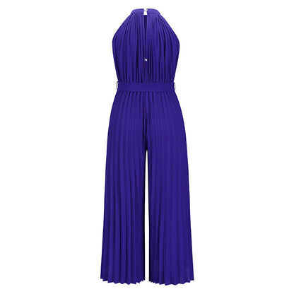 Solid Color Pleated Ruched Party Jumpsuit Women Elegant Halter Summer Autumn Sleeveless Office Playsuit  Wide Leg Pants Rompers