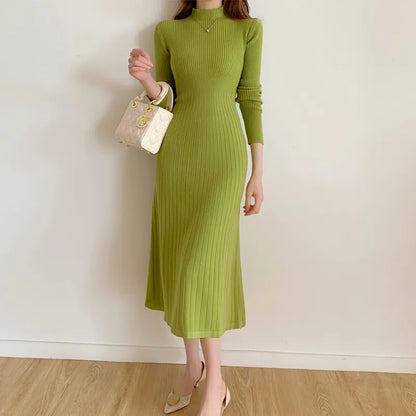 Autumn Winter Slim Long Sleeve Party Midi Dress for Women Knitted Half High Collar Elegant Knitted Sweater Dresses Ladies