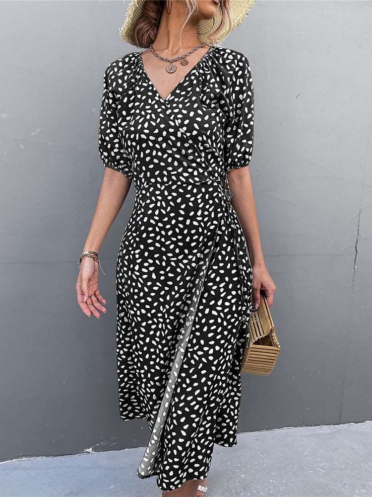 Boho Fashion A-line Split Casual Women Chiffon thigh-high split Dress V Neck Side Wrap Midi Dress Summer Polka Dot Dresses Female Puff Sleeve