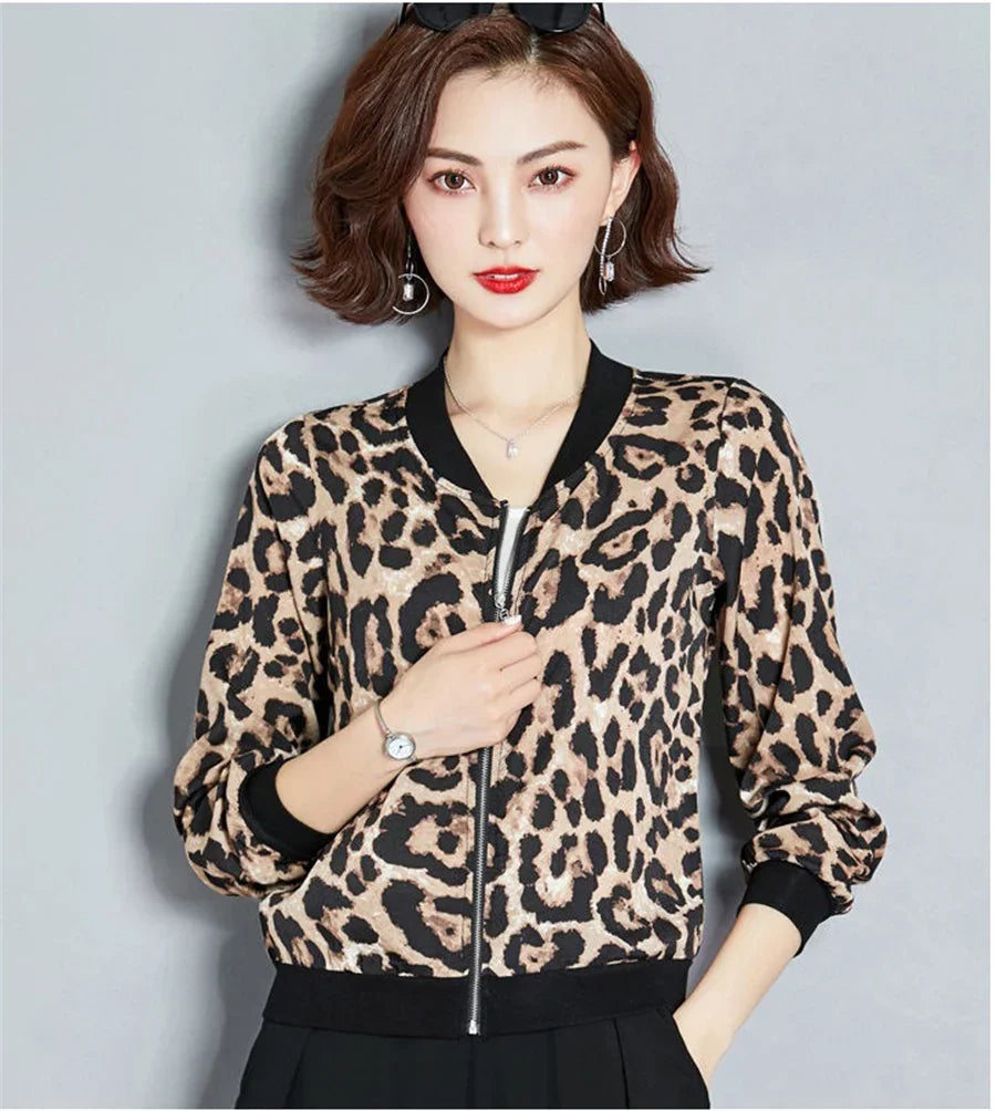 Leopard Print Women's Bomber Jacket - Thin Stand Collar Long Sleeve Casual Coat in Plus Sizes