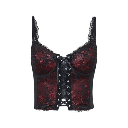 Gothic Cross Print Lace Bodycon Crop Tops Embrace Y2K Aesthetic and Summer Style with Sexy Black and Red Camis for Women and Girls