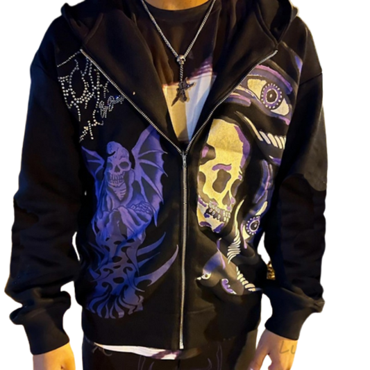 Men's Rhinestone Skull Purple Print Streetwear Oversized Hoodie Men's Jacket Jacket Goth Harajuku Y2k Clothes Grunge Zip Hoodie