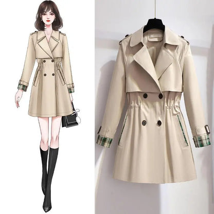 Spring and Autumn Fashion Women's Mid-length Trench Coat with Double-Breasted Design, Lining, and Drawstring Waist, Formal Jacket for Females