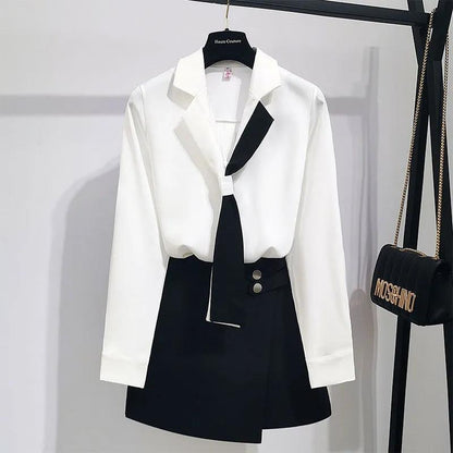 Women's Korean Fashion Elegant Blouse Dress Set: A Chic Two-Piece Professional Suit featuring a Girl White Shirt Top and Midi Skirt