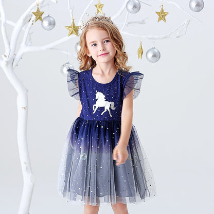 Girls Clothes for Summer Princess Dresses Kids Flare Sleeve Unicorn Print Dress Girls Party Dresses