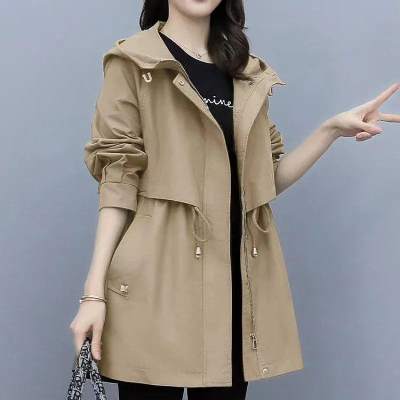  Women's Mid-length Trench Coat Hooded Zipper, British Style Loose Coats.