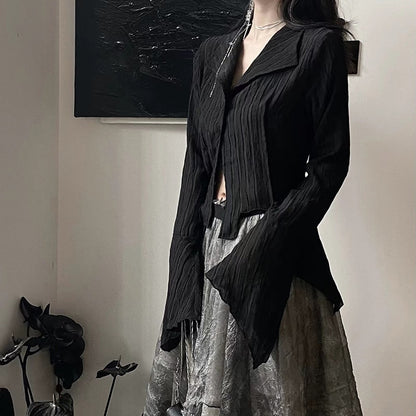 Gothic Women Black Shirts Korean Dark Academic Female Designed Irregular Tops Spring Fashion Streetwear Y2K Blouse