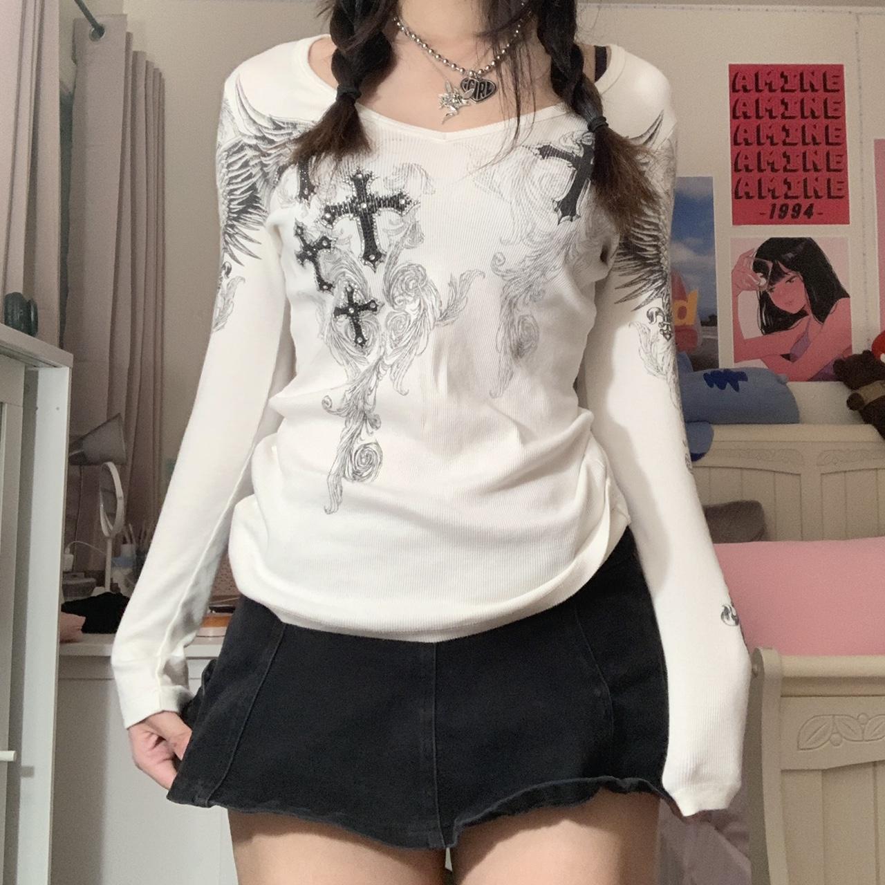 Floral Crop Tops Ribbed Knitted Grunge Fairycore T-Shirt | White Frill Long Sleeve | Kawaii Autumn Sweet Tee | Women's Fashion