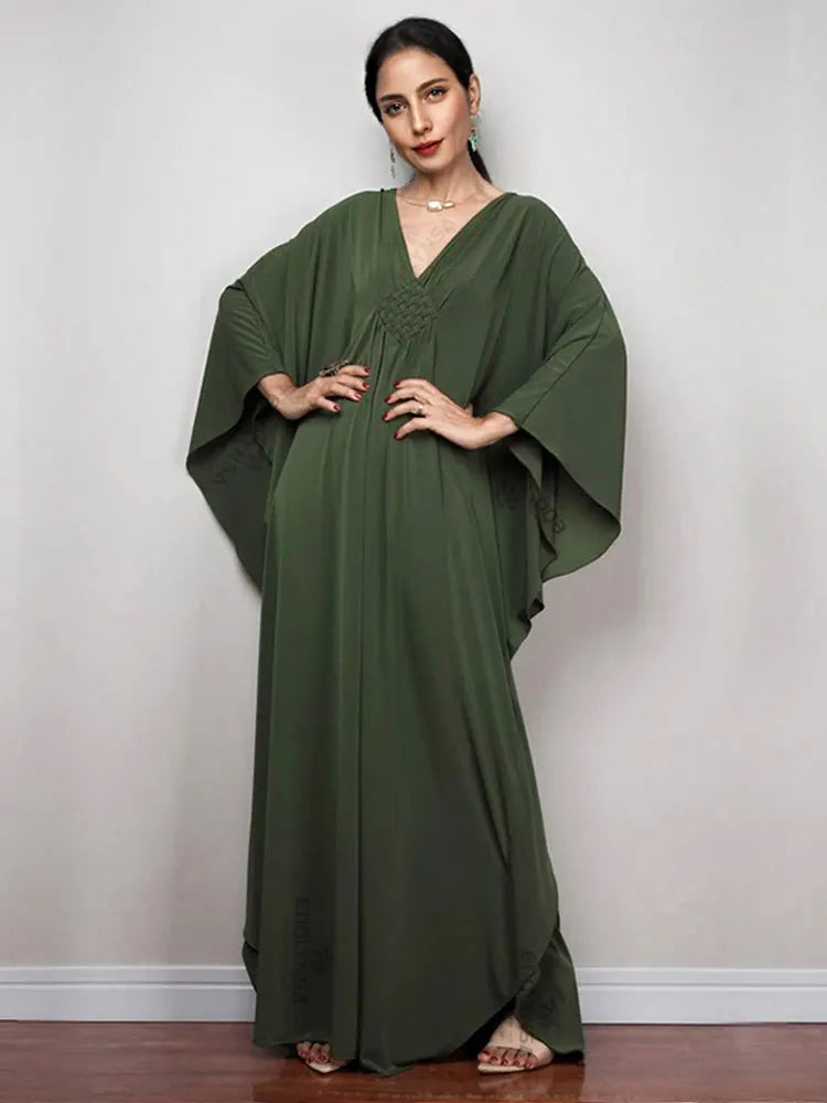 Solid V-neck Batwing Sleeve Plus Size Kaftan Loose Maxi Dopamine Dresses Women Summer Beachwear Bathing Robe Soft House Dress