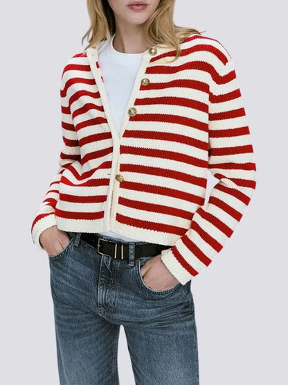 Chic Office Ladies Cardigan Casual Striped O-Neck Outerwear with Long Sleeves and Single-Breasted Design, Perfect for Autumn and Winter Fashion Knitted Sweater