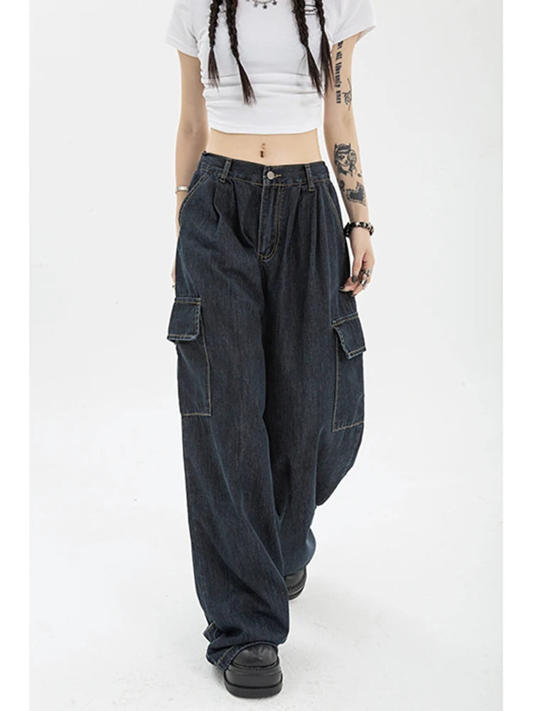 Autumn Women Harajuku Cargo Baggy Blue Jeans | Streetwear Hip Hop Oversize Casual Wide Leg Vintage Demin Pants 