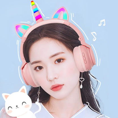 RGB Unicorn Kids Wireless Headphones With Mic,Control RGB Light Girls Music Stereo Earphone Mobile Phone Children's Headset Gift