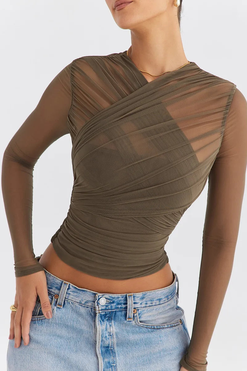 Sheer Mesh Long Sleeve Sexy T-shirt Women 2023 Autumn New V Neck Zipper Layered Skinny Club Party Sexy Tops