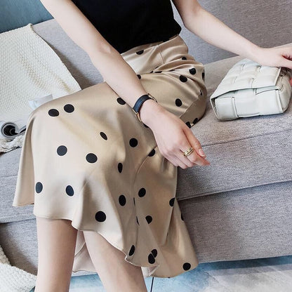 Summer High-waisted Skirt Womens 2023 Vintage Zipper Dots Satin Silk A-line Long Skirts Office Lady Champagne Slim Women Skirt