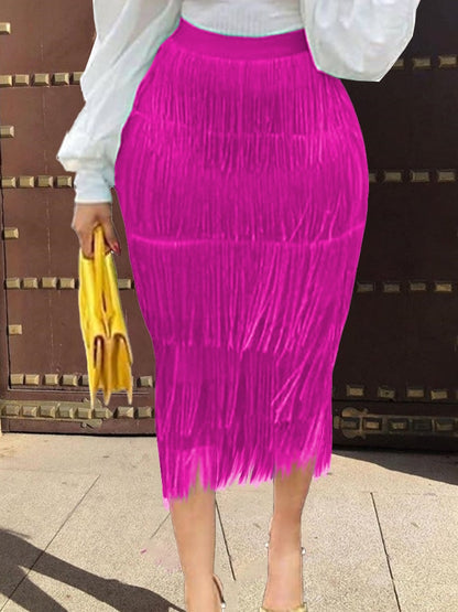 Women Fringe Bodycon Pencil Skirts Black Tassel High Waist Stretch Sheath Midi Length Ladies Slim Elegant Saias faldas Big Size