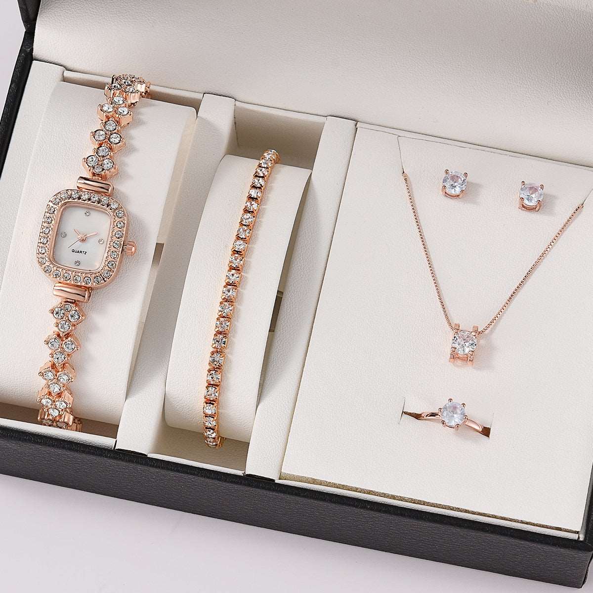 6PCS Gift Set Luxury Watch Ring Necklace Earrings for Women