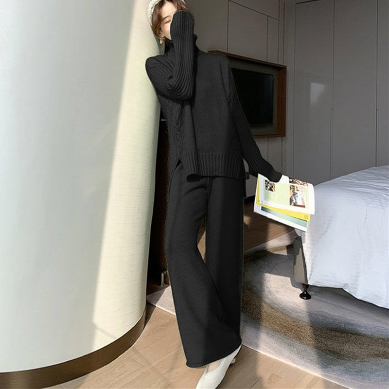 Autumn Winter 2-Piece Women's Knitted Tracksuit - New Turtleneck Sweater and Wide Leg Jogging Pant Pullover Set