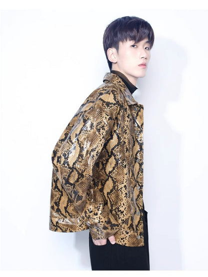 Spring Autumn Loose Cool Shiny Colorful Snakeskin Print Pu Leather Jacket Men Luxury Designer Clothes Streeetwear