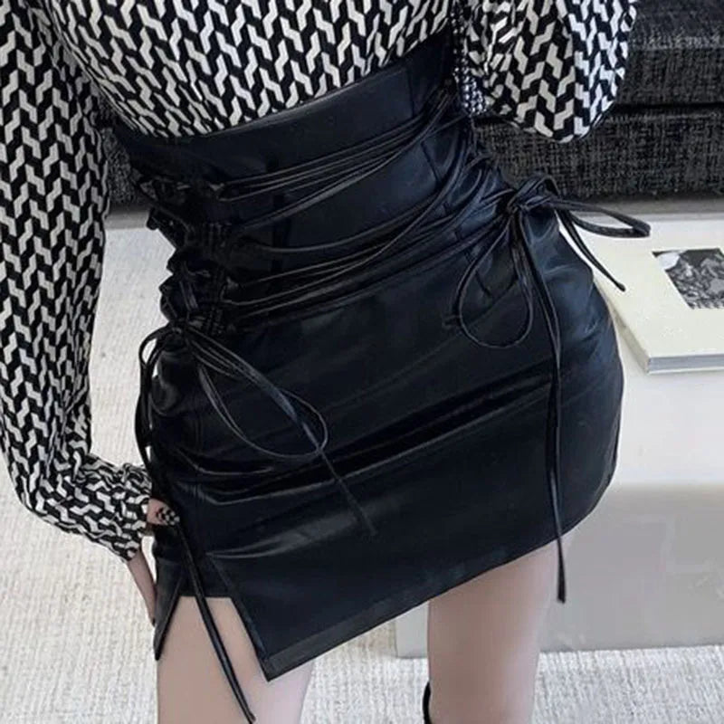 Gothic-Inspired Black Leather Mini Skirt High-Waisted, Slim Fit, Lace-Up Pencil Style