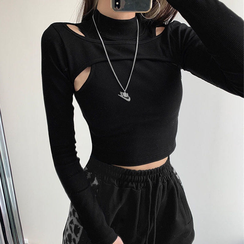 Hollow Knitted Crop Tops Women New Fitness Fake Two-piece T-shirt Female Black Long Sleeve streetwear style Tops