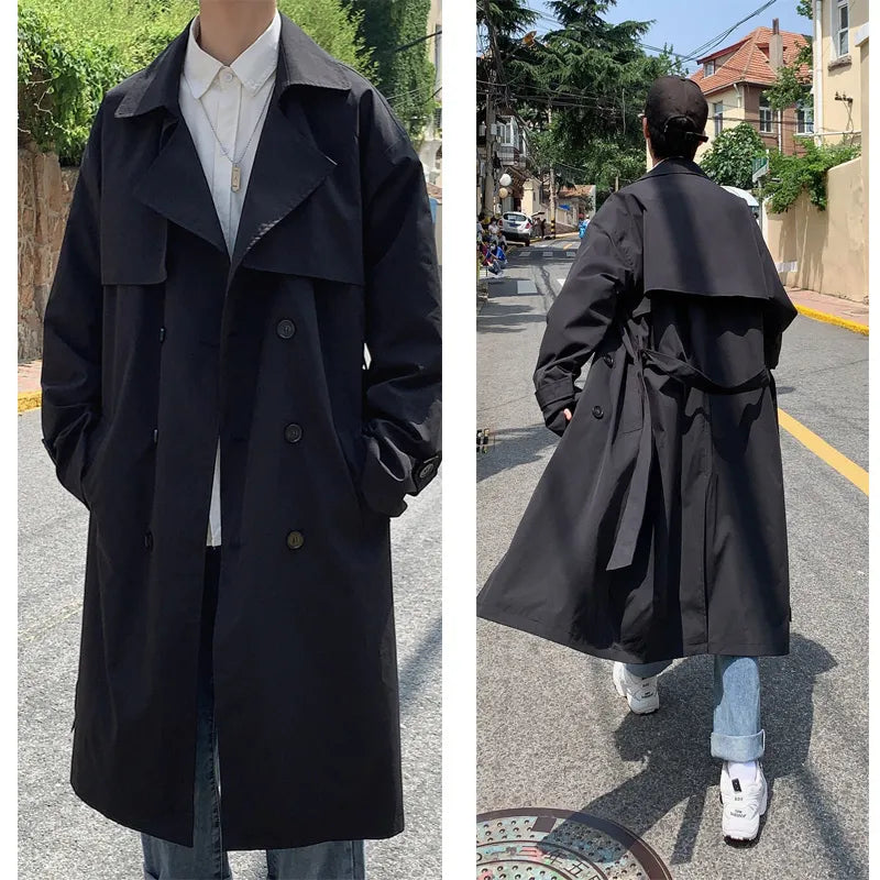 Streetwear Windbreaker Trenchcoat Men Solid Business Casual Loose Long Overcoat Korean style Spring Trench Coat Male