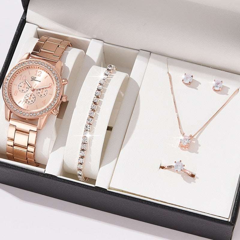 6PCS Gift Set Luxury Watch Ring Necklace Earrings for Women