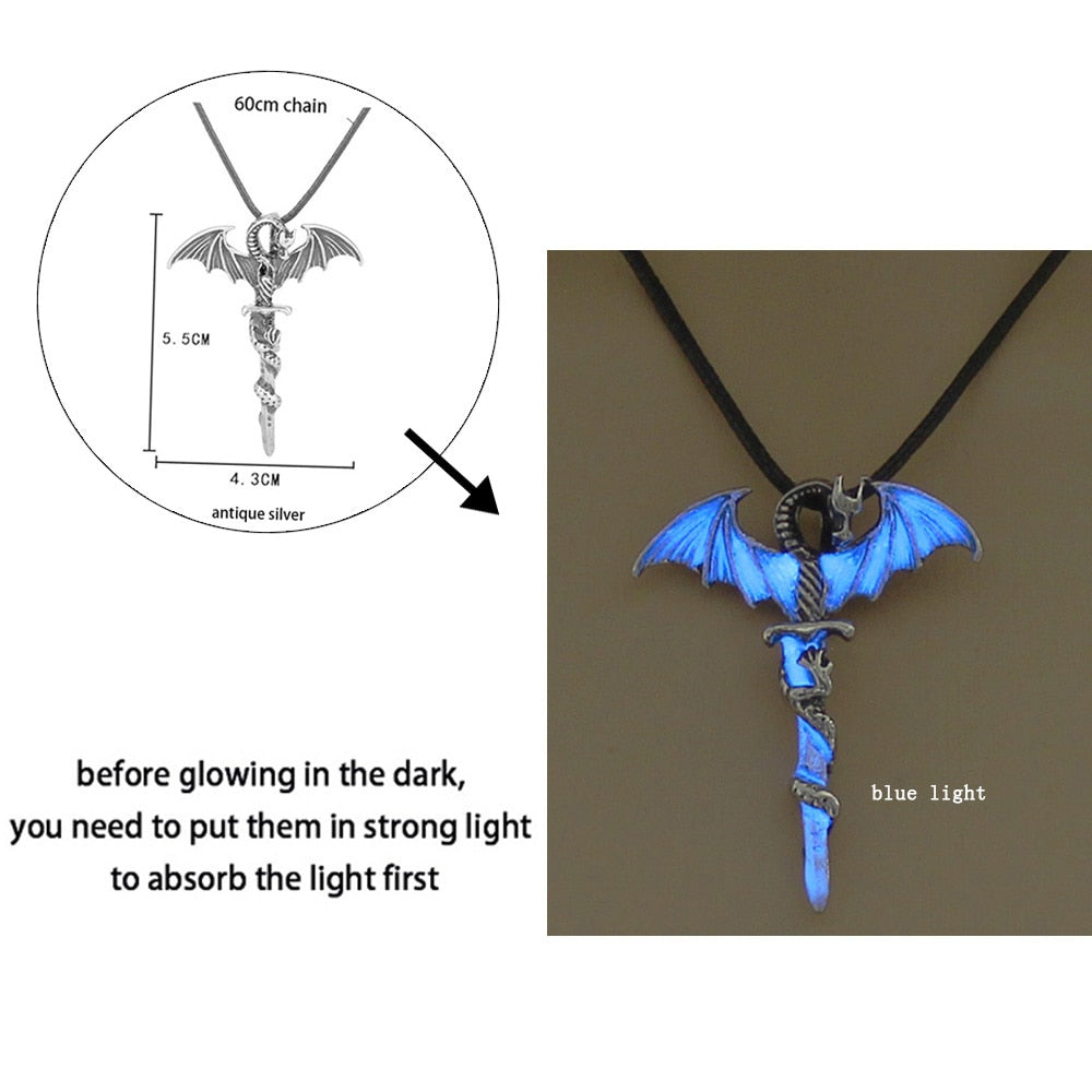 Luminous Dragon Necklace Glowing Night Fluorescence Antique Harajuku Style Silver Plated Glow In The Dark Necklace for Men Women Party Hallowen