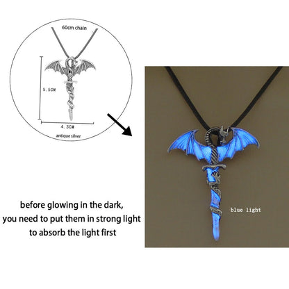 Luminous Dragon Necklace Glowing Night Fluorescence Antique Harajuku Style Silver Plated Glow In The Dark Necklace for Men Women Party Hallowen