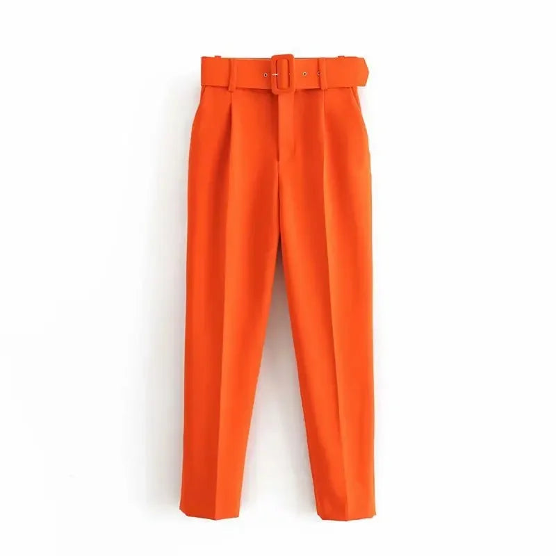 2005 New Spring Fall Solid Color High-waisted Straight Career Commuter  Pants Women's, Multi-color Casual Female Pants with Belt
