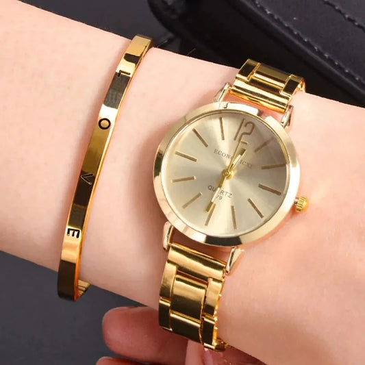 2pcs Set Watch Luxury Women Simple Dial Hollow Strap Fashion Gold Bracelet Quartz Wristwatch Student Ladies Watches Reloj Mujer