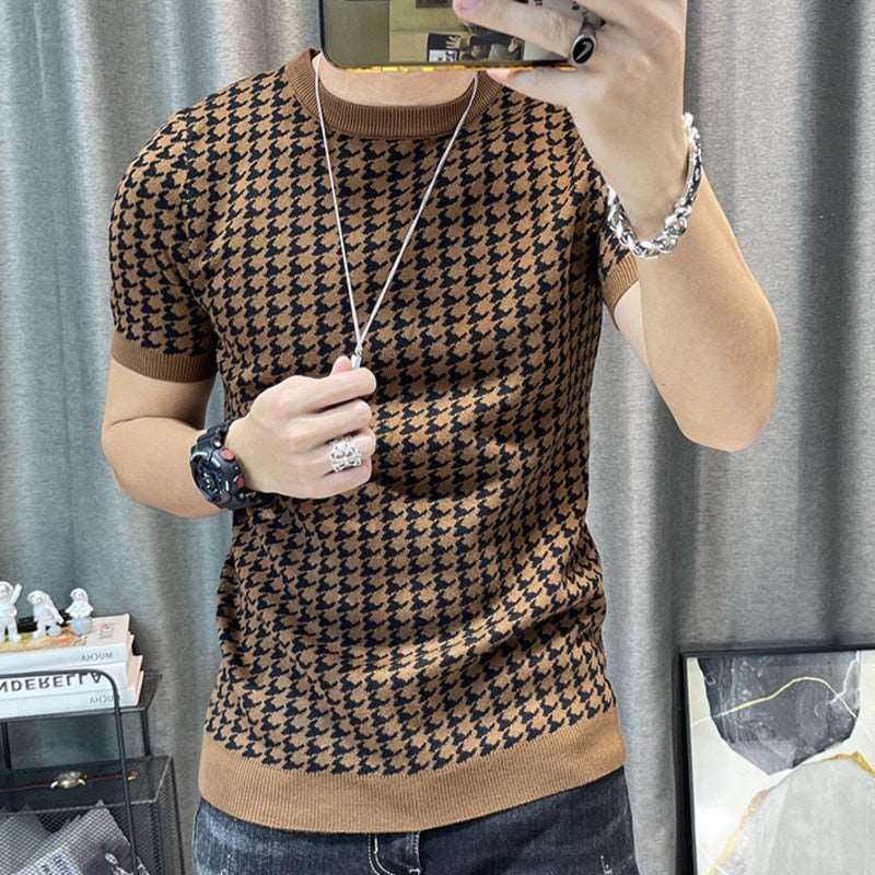 3 Color Short Sleeve Knitting T-Shirt Men Slim Streetwear Color Contrast T Shirt Men