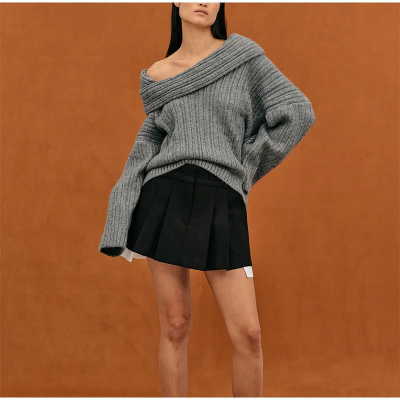 Elegant Solid Slash Neck Thick Knitted Tops Women Casual Long Sleeve Loose Warm Pullover Female Fashion High Street Sweater